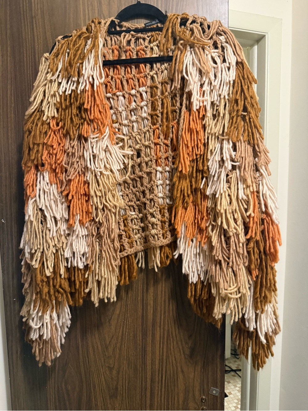 Fringed Open-Front Knit Jacket in Multi-Tone Rust